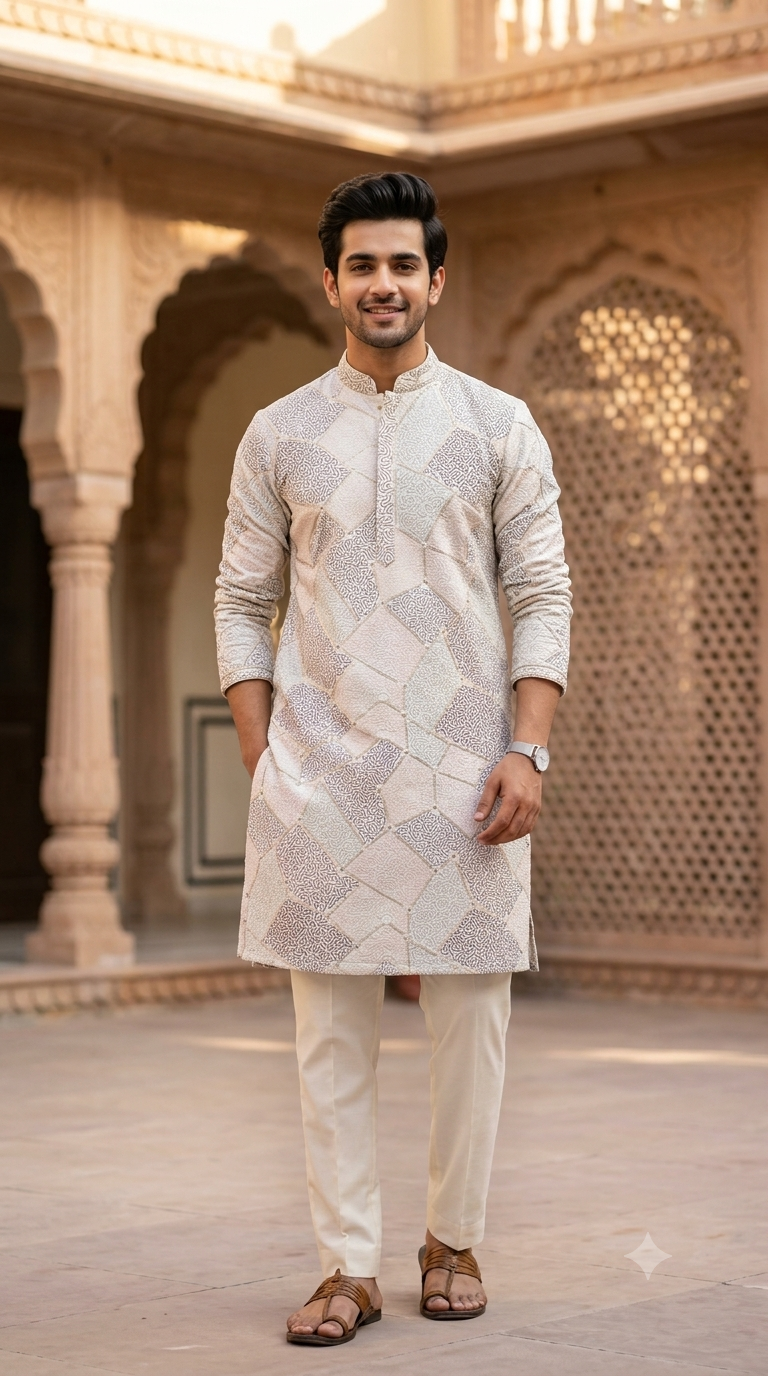 Kurta Fabric ManTire Designer Silk vermicelli patchwork Embroidery Colour Mint Green N Blush Pink