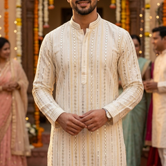 Kurta Fabric ManTire Designer Silk Embroidery Colour Off White
