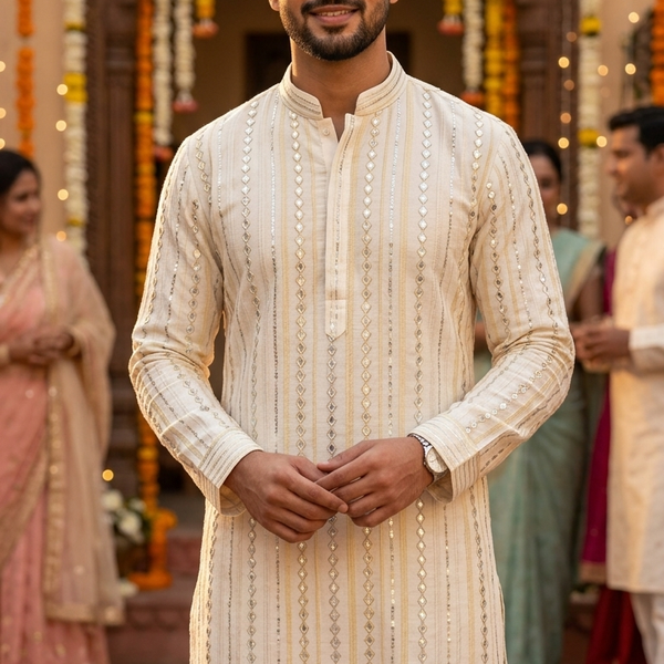 Kurta Fabric ManTire Designer Silk Embroidery Colour Off White