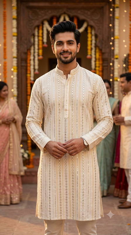 Kurta Fabric ManTire Designer Silk Embroidery Colour Off White