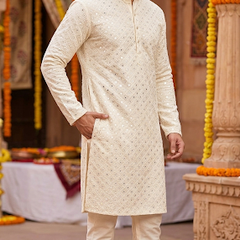 Kurta Fabric ManTire Designer Silk Ira Jaal Embroidery Colour Natural Ivory