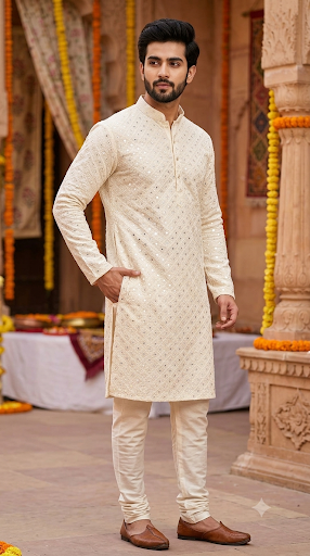 Kurta Fabric ManTire Designer Silk Ira Jaal Embroidery Colour Natural Ivory