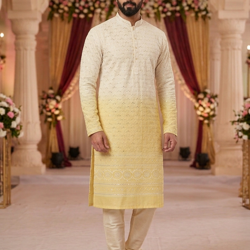 Kurta Fabric ManTire Designer Silk Lucknowi Chikankari with Sequin Work Colour Lemon Yellow N Off White