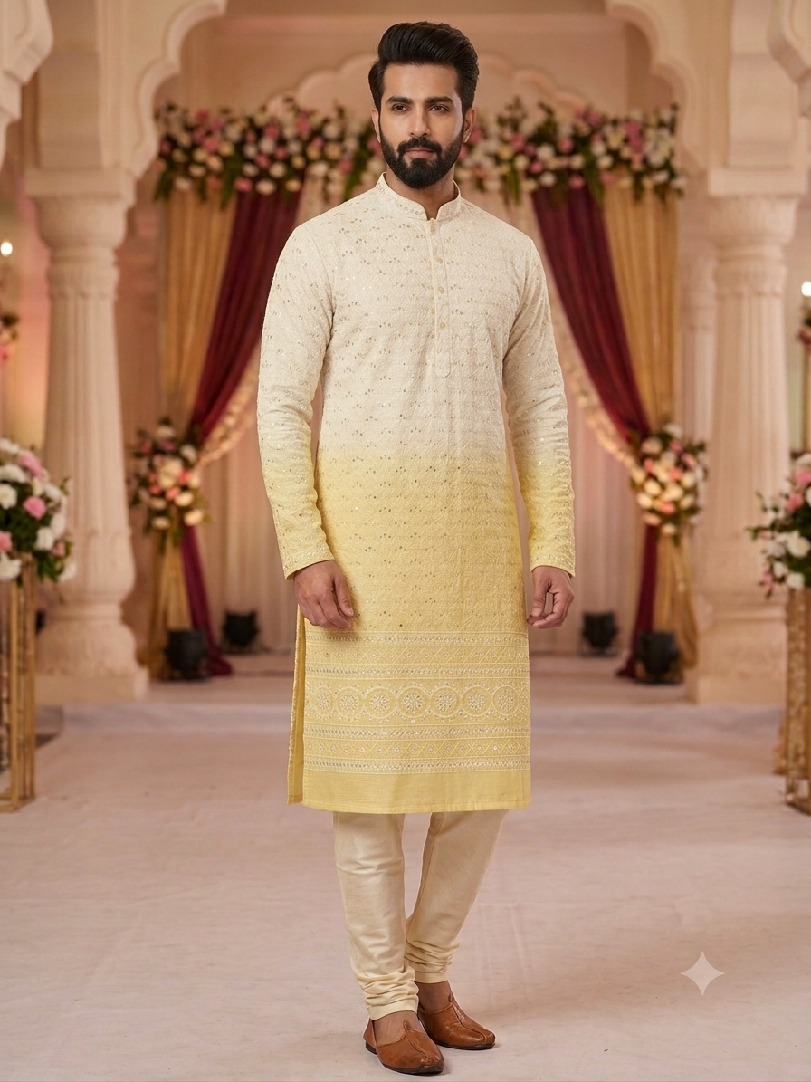Kurta Fabric ManTire Designer Silk Lucknowi Chikankari with Sequin Work Colour Lemon Yellow N Off White