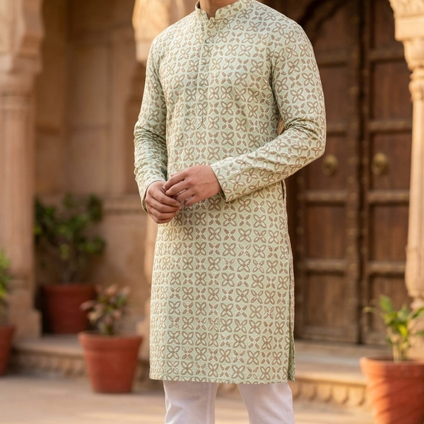 Kurta Fabric ManTire Pure Cotton Hamble Embroidery Colour Light Moss Green