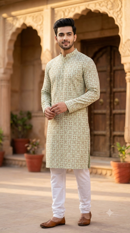 Kurta Fabric ManTire Pure Cotton Hamble Embroidery Colour Light Moss Green