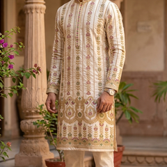 Kurta Fabric ManTire Designer Silk Pannel Border Pattern Embroidery Colour Cream