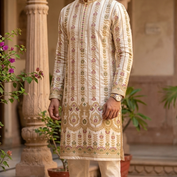 Kurta Fabric ManTire Designer Silk Pannel Border Pattern Embroidery Colour Cream