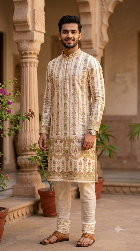 Kurta Fabric ManTire Designer Silk Pannel Border Pattern Embroidery Colour Cream