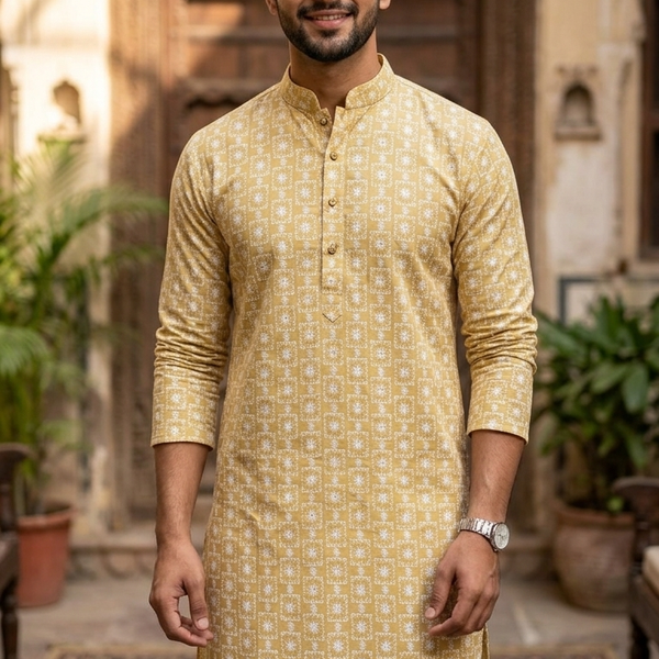 ManTire Men's Pure Cotton Embroidery Kurta Fabric Colour Bronze Brown