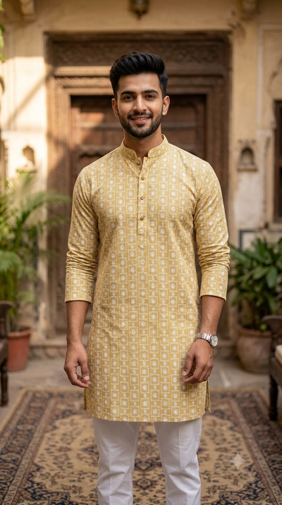 ManTire Men's Pure Cotton Embroidery Kurta Fabric Colour Bronze Brown