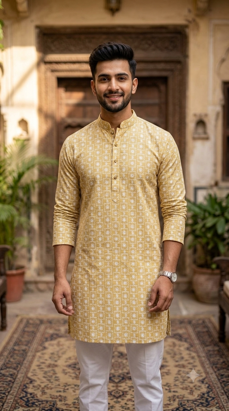 ManTire Men's Pure Cotton Embroidery Kurta Fabric Colour Bronze Brown