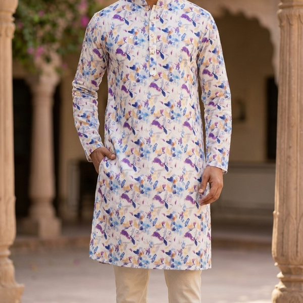 Kurta Fabric ManTire Designer Silk Brushstroke Floral Embroidery Colour Medium Blue N Purple