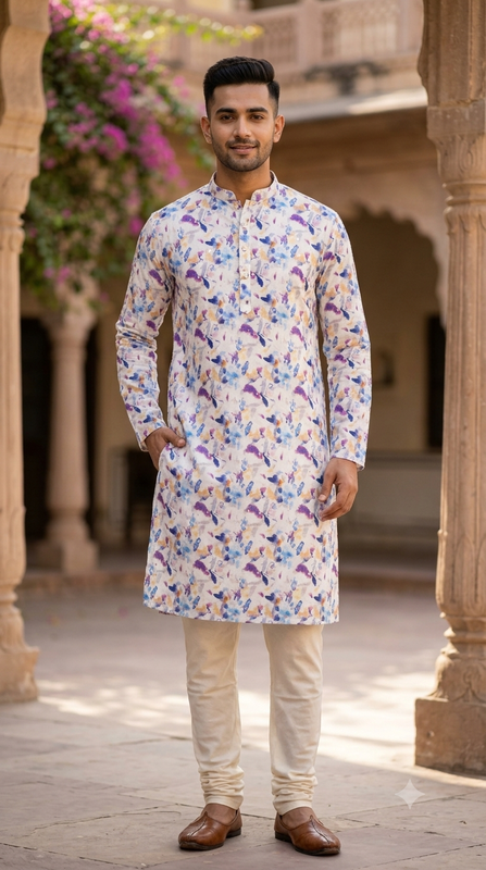 Kurta Fabric ManTire Designer Silk Brushstroke Floral Embroidery Colour Medium Blue N Purple