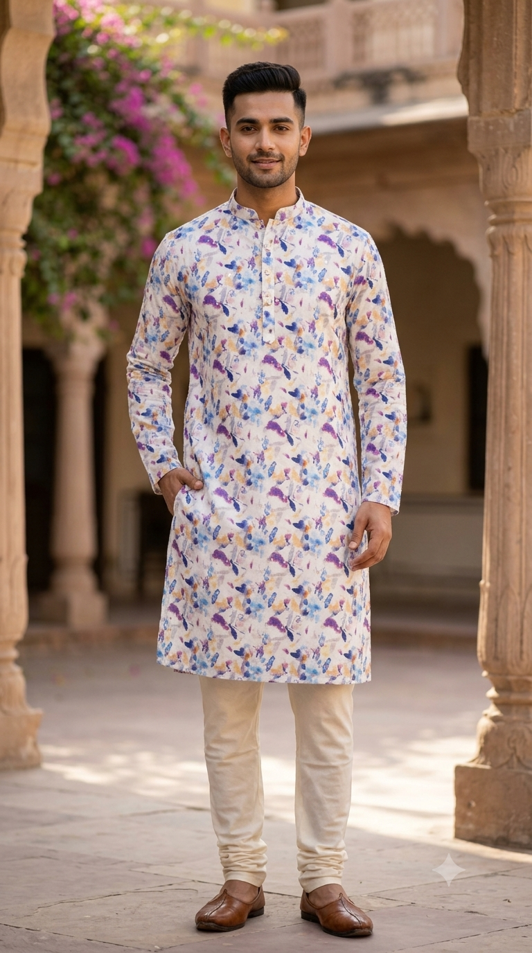 Kurta Fabric ManTire Designer Silk Brushstroke Floral Embroidery Colour Medium Blue N Purple