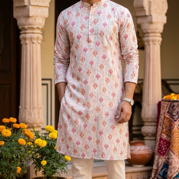 Kurta Fabric ManTire Designer Silk Indian Traditional Buta Embroidery Colour Hot Pink N Coral Orange