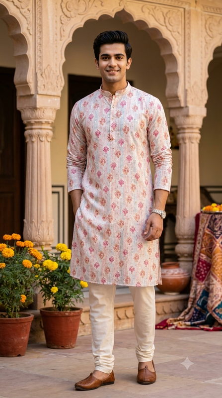 Kurta Fabric ManTire Designer Silk Indian Traditional Buta Embroidery Colour Hot Pink N Coral Orange