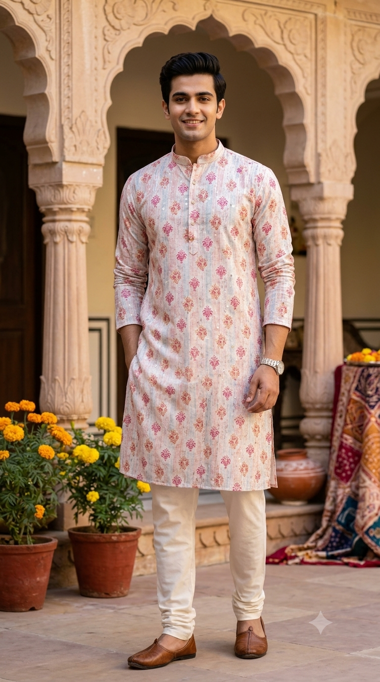 Kurta Fabric ManTire Designer Silk Indian Traditional Buta Embroidery Colour Hot Pink N Coral Orange
