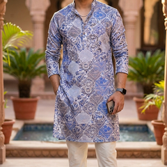Kurta Fabric ManTire Designer Silk Moroccan Tile Patchwork Colour Indigo Blue N Periwinkle Lavender