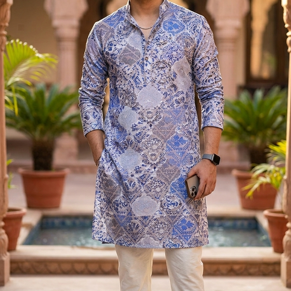 Kurta Fabric ManTire Designer Silk Moroccan Tile Patchwork Colour Indigo Blue N Periwinkle Lavender