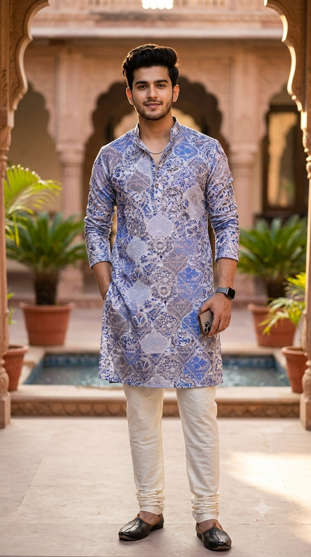 Kurta Fabric ManTire Designer Silk Moroccan Tile Patchwork Colour Indigo Blue N Periwinkle Lavender