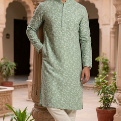 Kurta Fabric ManTire Designer Silk Jasmine Embroidery Colour Green Smoke