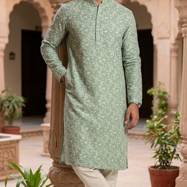 Kurta Fabric ManTire Designer Silk Jasmine Embroidery Colour Green Smoke