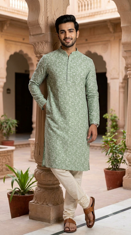 Kurta Fabric ManTire Designer Silk Jasmine Embroidery Colour Green Smoke