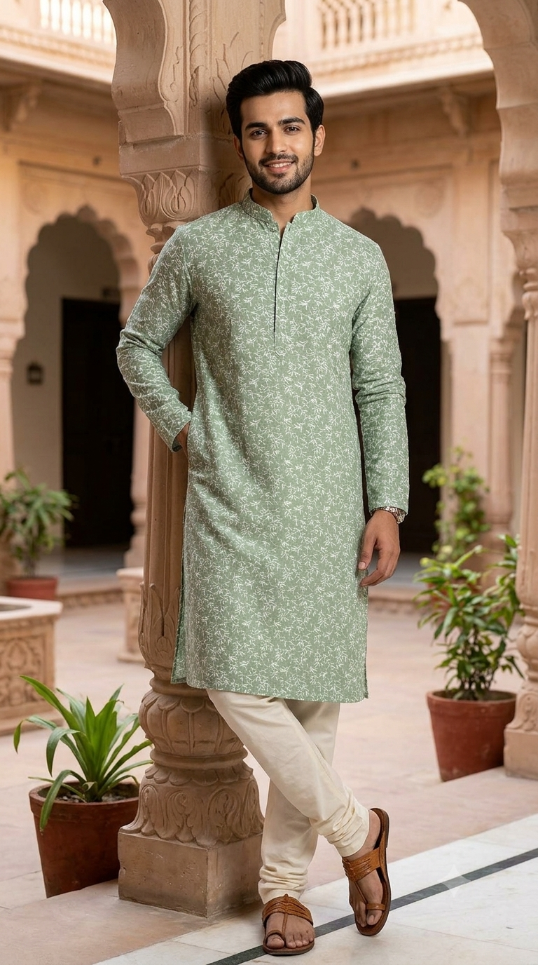 Kurta Fabric ManTire Designer Silk Jasmine Embroidery Colour Green Smoke