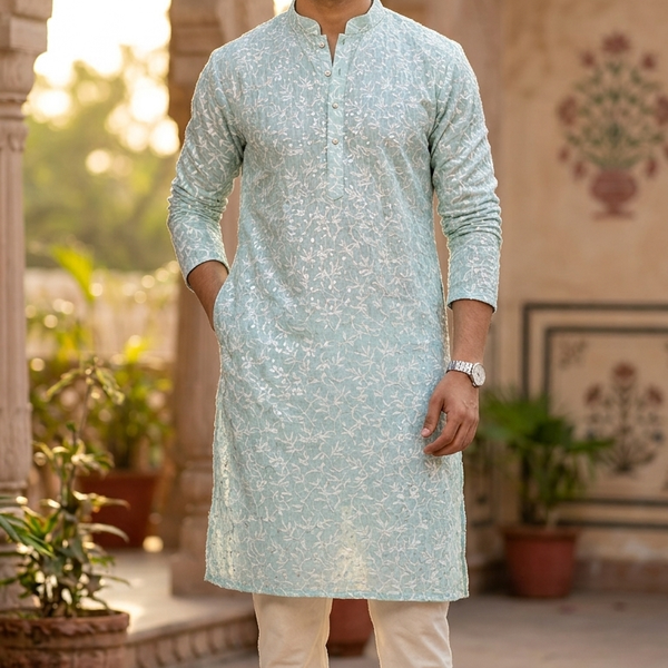 Kurta Fabric ManTire Designer Silk Allover Leafy Vines Embroidery Colour Pistachio Green