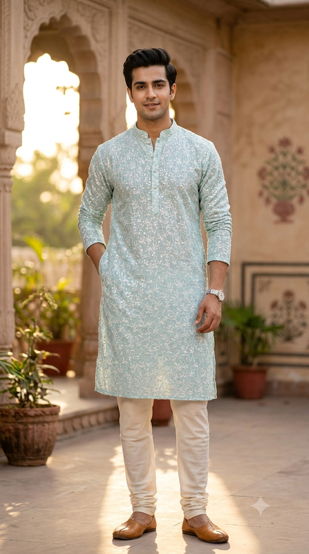 Kurta Fabric ManTire Designer Silk Allover Leafy Vines Embroidery Colour Pistachio Green