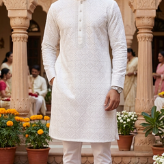 Kurta Fabric ManTire Designer Silk Embroidery Colour Off White