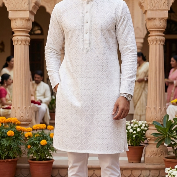 Kurta Fabric ManTire Designer Silk Embroidery Colour Off White
