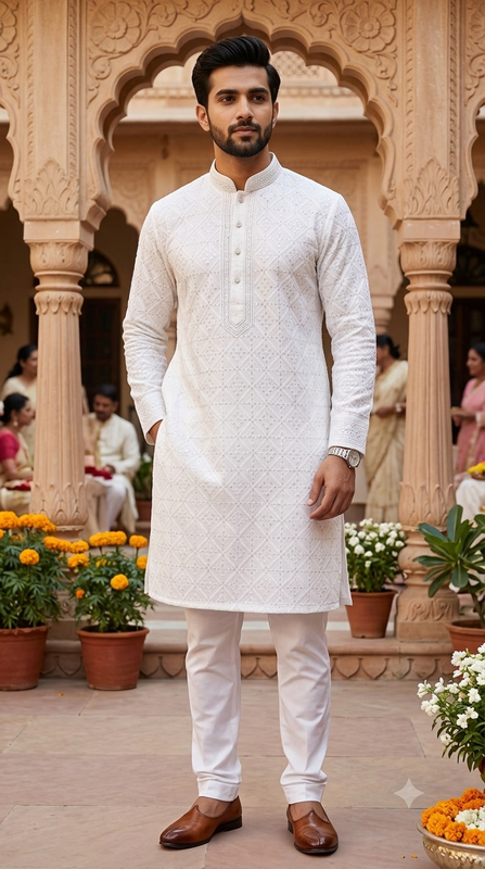 Kurta Fabric ManTire Designer Silk Embroidery Colour Off White