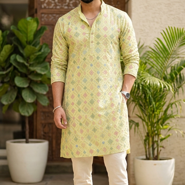 Kurta Fabric ManTire Designer Silk Embroidery Colour Mango Yellow