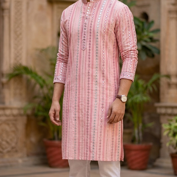 Kurta Fabric ManTire Designer Silk Mirror Work Embroidery Colour Blush Pink