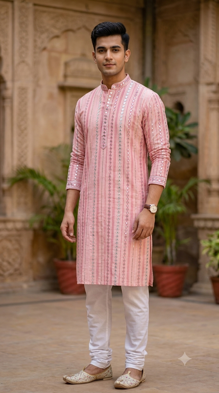 Kurta Fabric ManTire Designer Silk Mirror Work Embroidery Colour Blush Pink