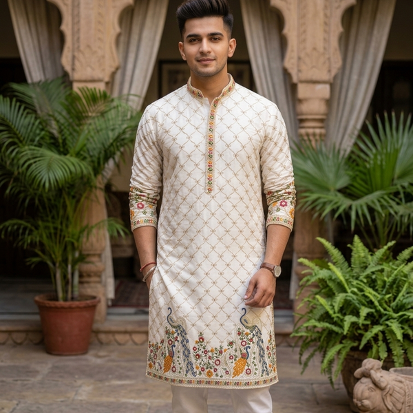 Kurta Fabric ManTire Designer Silk Peacock Motif Embroidery Colour Teal Blue,Red, Green N Off White