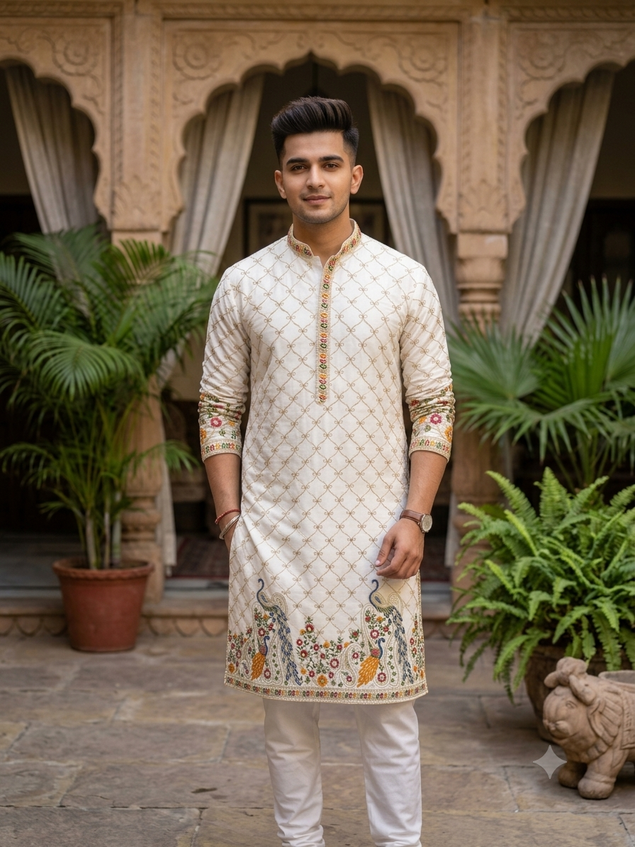 Kurta Fabric ManTire Designer Silk Peacock Motif Embroidery Colour Teal Blue,Red, Green N Off White