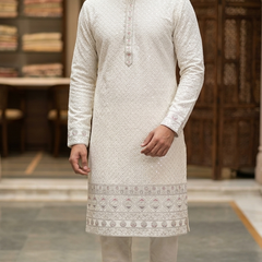Kurta Fabric ManTire Designer Silk horizontal panel layout Embroidery Colour Pink N White