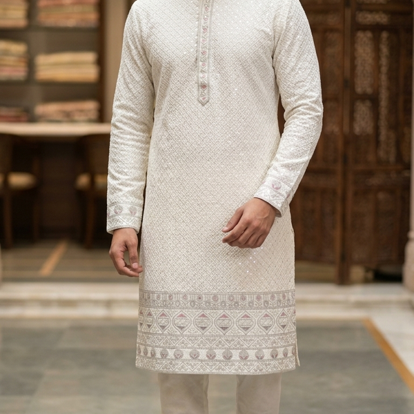 Kurta Fabric ManTire Designer Silk horizontal panel layout Embroidery Colour Pink N White