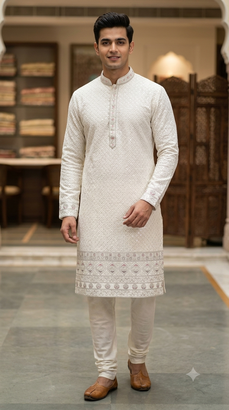 Kurta Fabric ManTire Designer Silk horizontal panel layout Embroidery Colour Pink N White