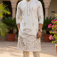 Kurta Fabric ManTire Designer Silk Tree Embroidery Colour Off White