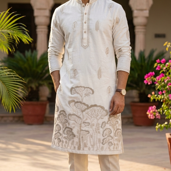 Kurta Fabric ManTire Designer Silk Tree Embroidery Colour Off White