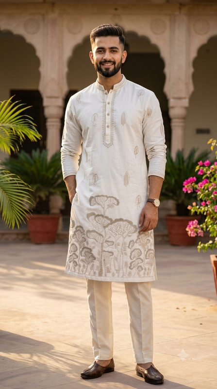 Kurta Fabric ManTire Designer Silk Tree Embroidery Colour Off White