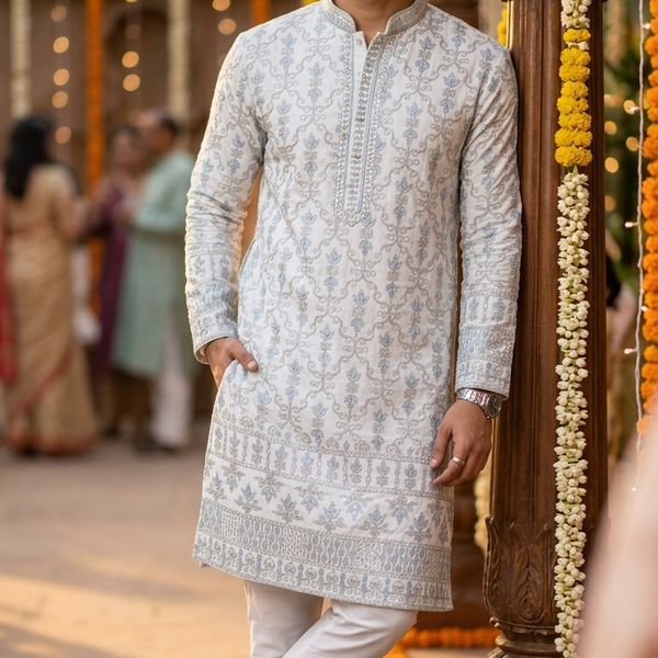 Kurta Fabric ManTire Designer Silk Lucknowi Chikankari Embroidery Colour Firozi N Off White