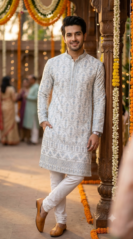 Kurta Fabric ManTire Designer Silk Lucknowi Chikankari Embroidery Colour Firozi N Off White