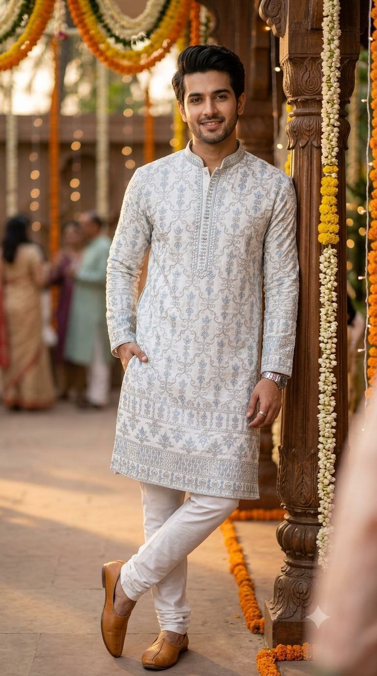 Kurta Fabric ManTire Designer Silk Lucknowi Chikankari Embroidery Colour Firozi N Off White