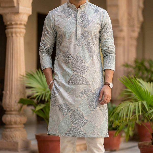Kurta Fabric ManTire Designer Silk Geometric Maze Embroidery Colour Sky Blue N Mint Green