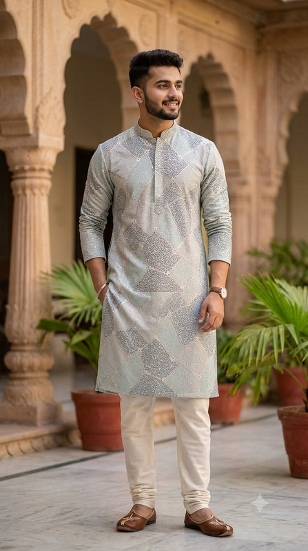 Kurta Fabric ManTire Designer Silk Geometric Maze Embroidery Colour Sky Blue N Mint Green